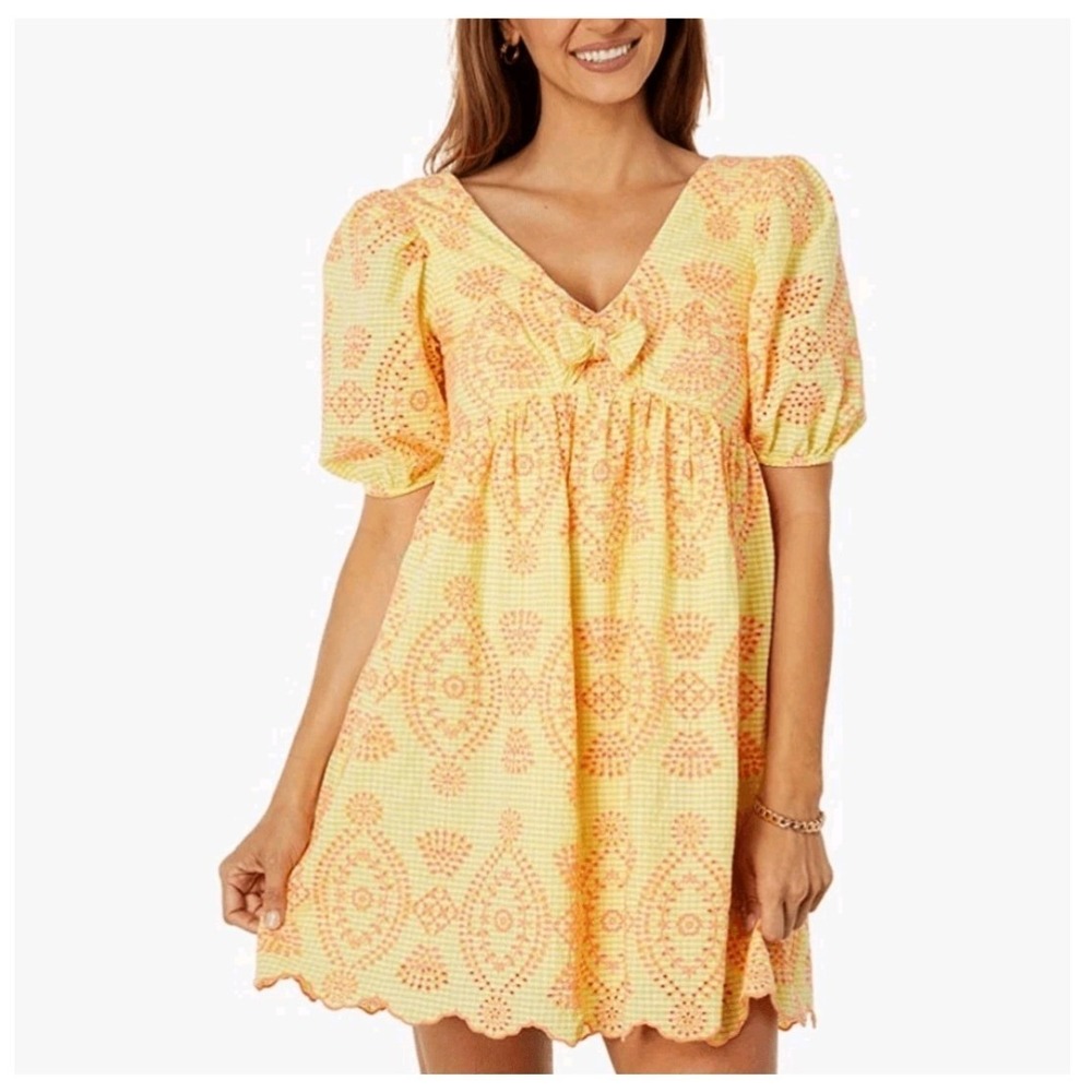 Lilly Pulitzer Dress 00 Sarafina Short Sleeve Eyelet Yellow Gingham Seersucker